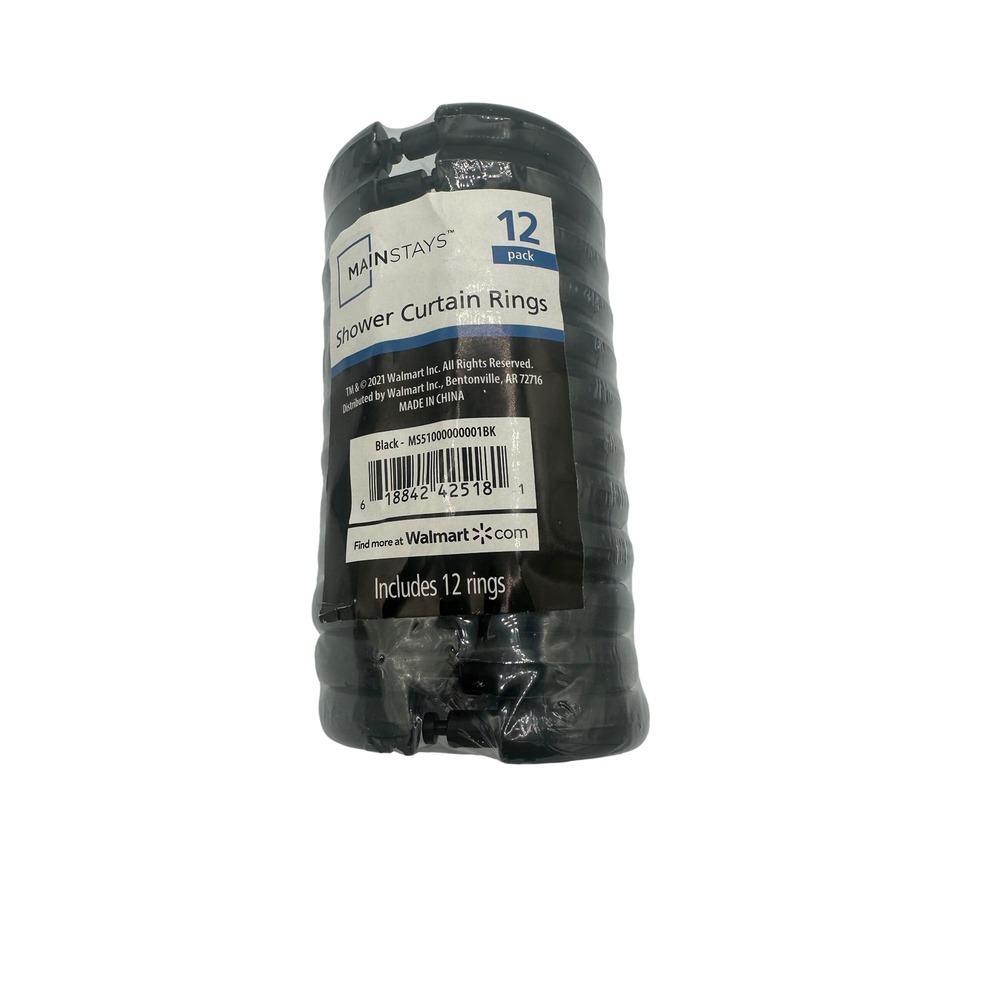 Mainstays Shower Curtain Rings 12 Pack Black‎ NEW MS51000000001BK Plastic Hooks